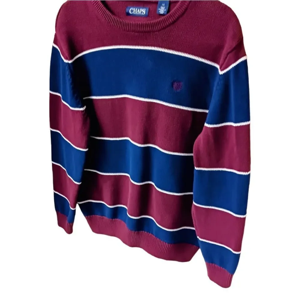 CHAPS Men's burgundy & blue striped crew neck Sweater Size large NEW